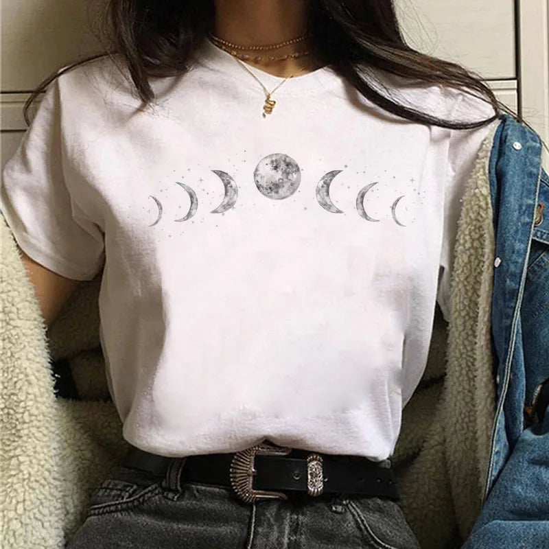 New Moon Women's Black T-shirt Women's Casual Round Neck T-shirt Lunar Eclipse Printed Women's T-shirt