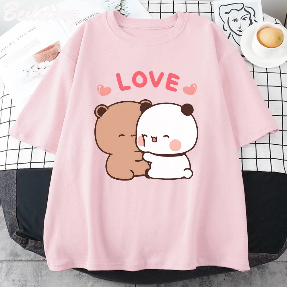 Panda Bear LOVE T Shirt Womens 100% Cotton Bubu Dudu Couple Tops Short Sleeve