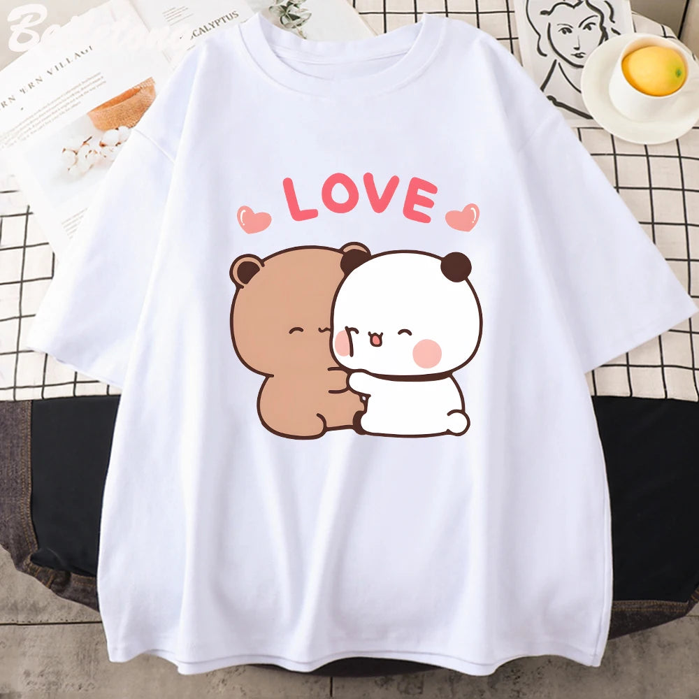 Panda Bear LOVE T Shirt Womens 100% Cotton Bubu Dudu Couple Tops Short Sleeve