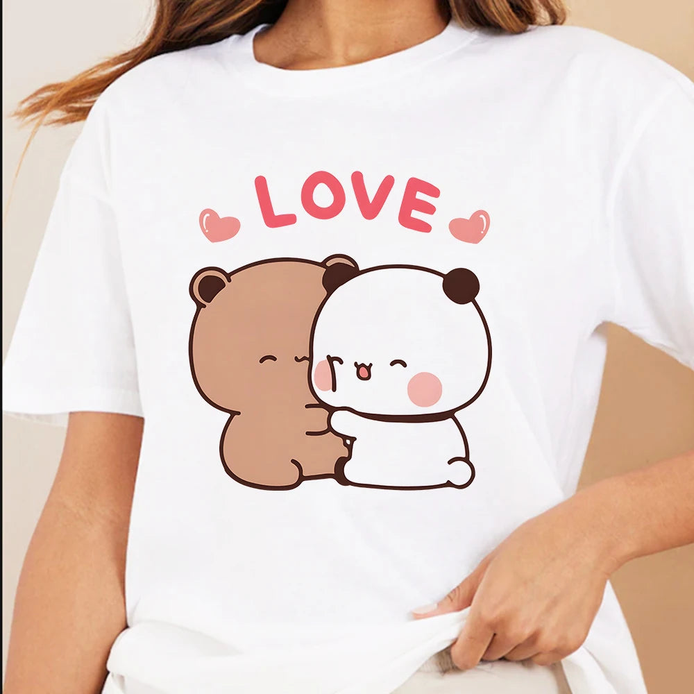 Panda Bear LOVE T Shirt Womens 100% Cotton Bubu Dudu Couple Tops Short Sleeve