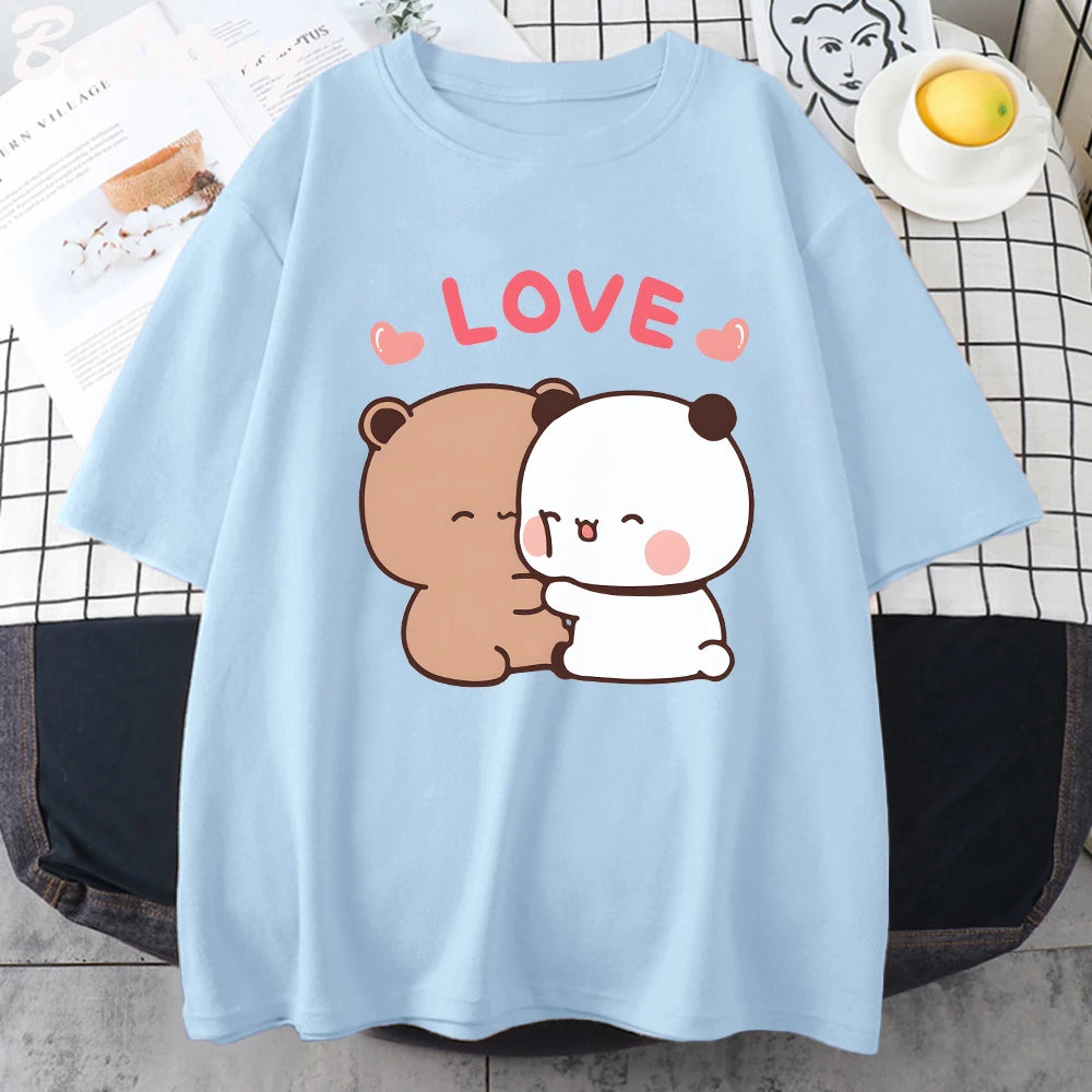 Panda Bear LOVE T Shirt Womens 100% Cotton Bubu Dudu Couple Tops Short Sleeve