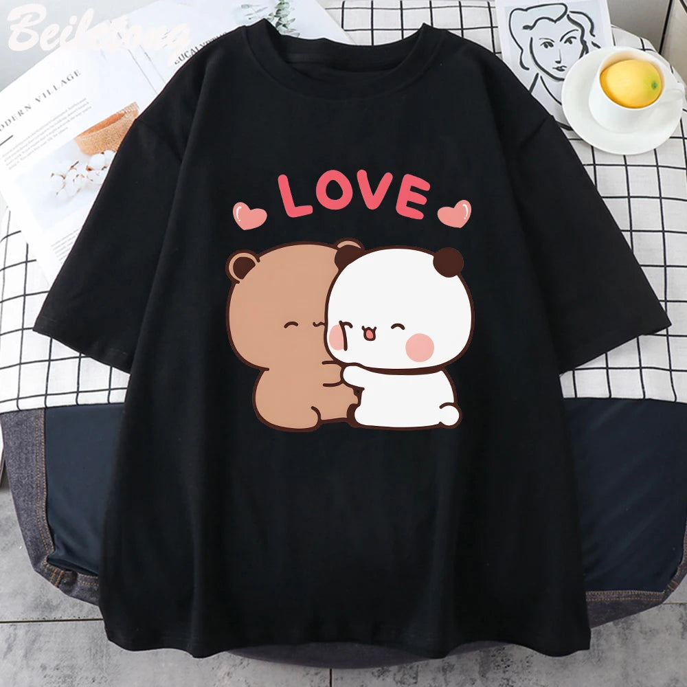 Panda Bear LOVE T Shirt Womens 100% Cotton Bubu Dudu Couple Tops Short Sleeve