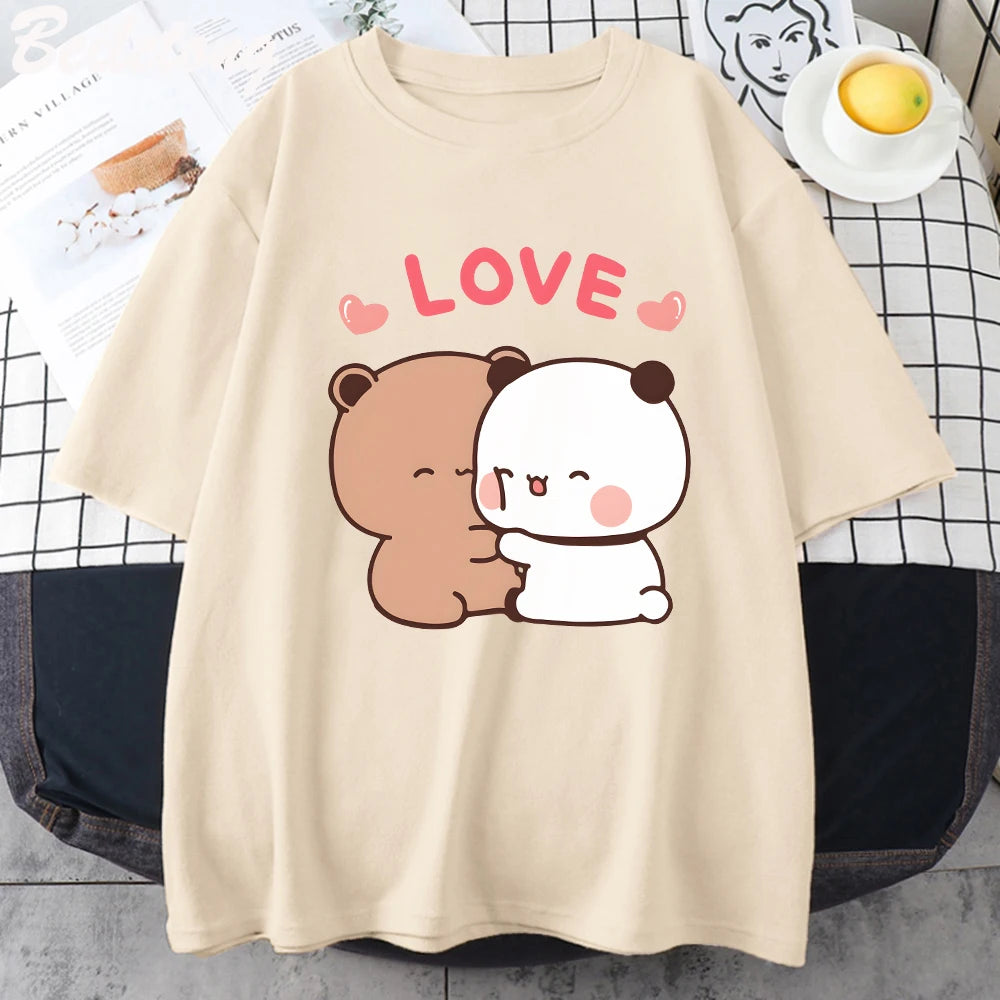 Panda Bear LOVE T Shirt Womens 100% Cotton Bubu Dudu Couple Tops Short Sleeve