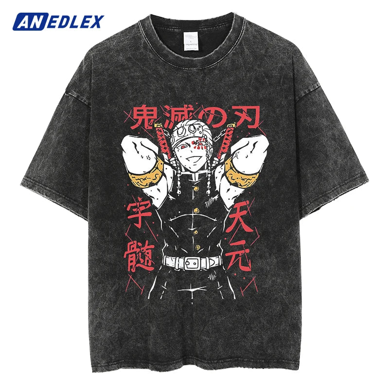 Hip Hop Washed Black T Shirt Men Women Streetwear Anime Print T-Shirt Harajuku Cotton Loose Tshirt Summer Short Sleeve Shirt